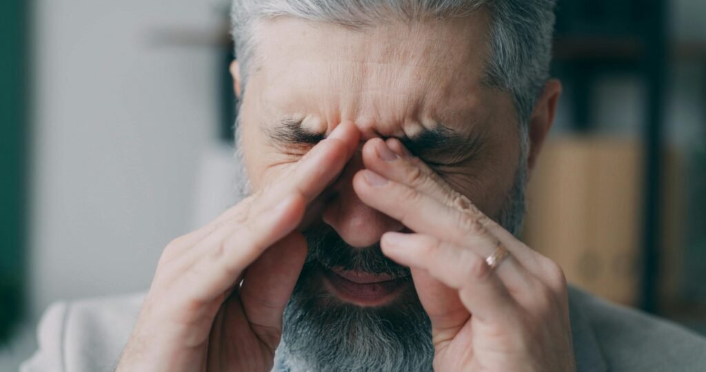 Close-up of a senior man rubbing his eyes experiencing stress indoors.